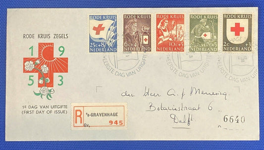 ZAYIX 1953 Netherlands B254-258 / Mi 615-619 / NVPH E14 FDC Red Cross registered