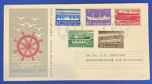 ZAYIX 1957 Netherlands B306-310 / Mi 692-696 / NVPH E29 FDC Trade Commerce Ships