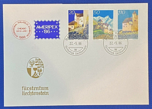 ZAYIX 1986 Liechtenstein Cover Mi 896-898 FDC Architecture Castles 011022SM49