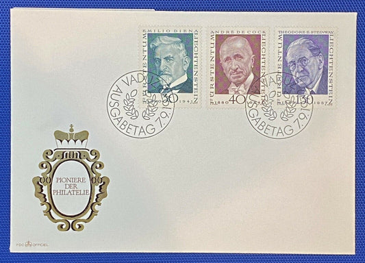 ZAYIX Liechtenstein Cover Mi 570-2, Sc 509-11 FDC Pioneers Philately 011022SM41
