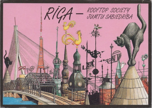 ZAYIX Postcard Riga Latvia Rooftop Society Jumtu Sabiedriba Cats 083022PC41