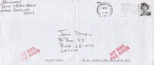 ZAYIX US 3434 Cover Airmail Single to Latvia Ferber Curving Shoulder 0324L0047
