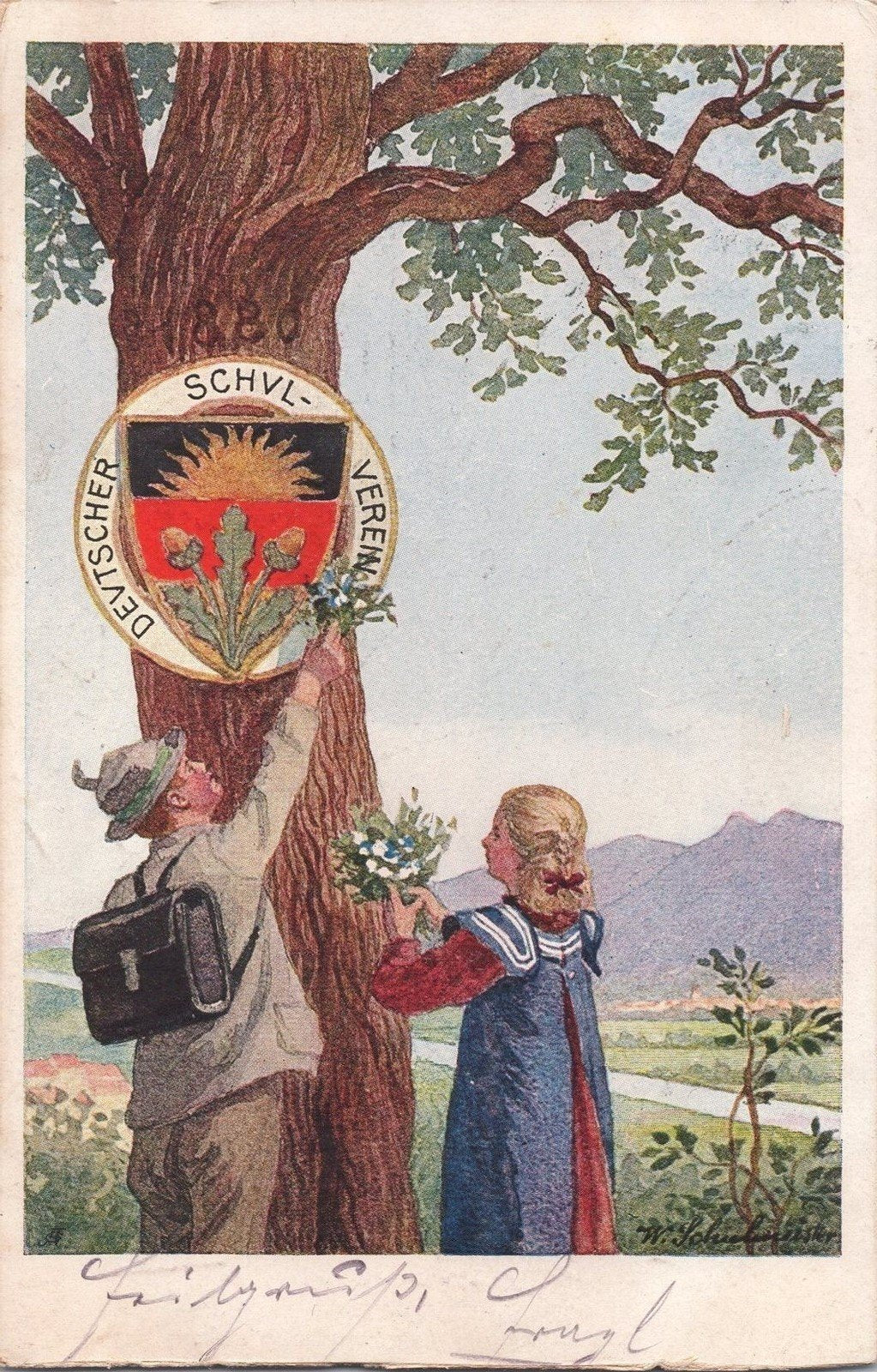 German School Assoc Emblem on Tree Artist Signed, Schielinister ZAYIX 060522SM78