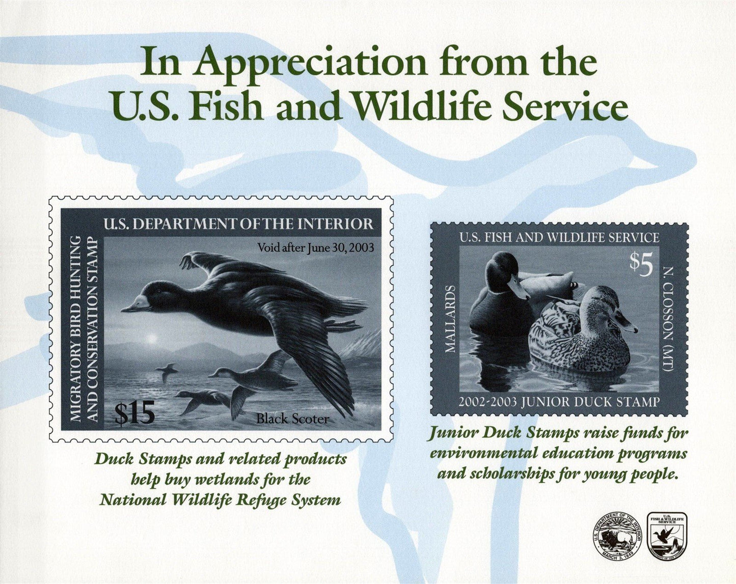 US Duck Stamp 2002 Certificate of Appreciation Card RW69 & JDS10 ZAYIX 0625L0055