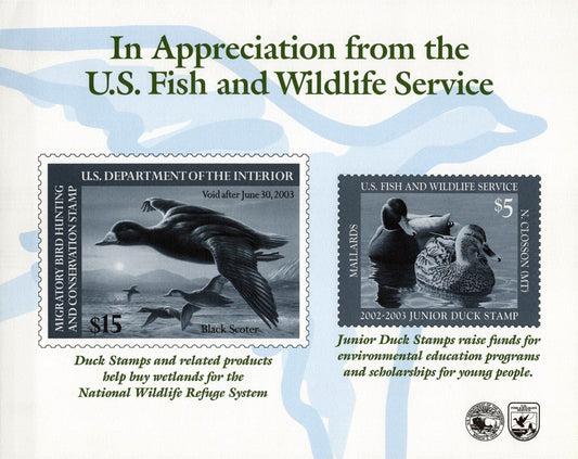US Duck Stamp 2002 Certificate of Appreciation Card RW69 & JDS10 ZAYIX 0625L0055