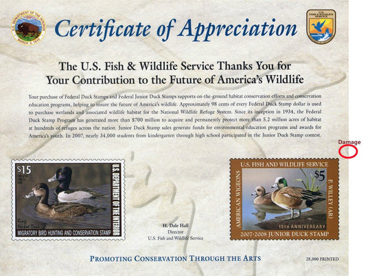 US Duck Stamp 2007 Certificate of Appreciation (damaged) RW74, JDS15 ZAYIX