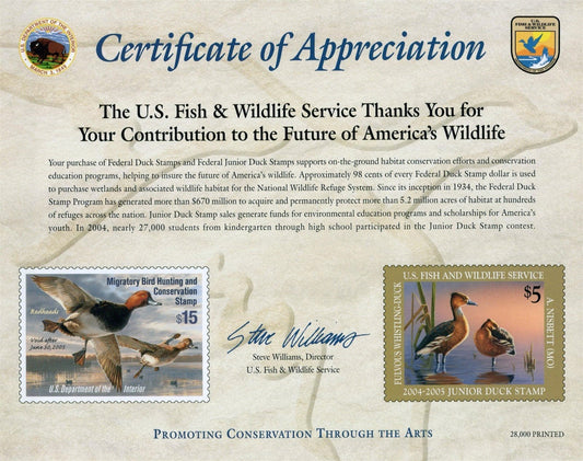 US Duck Stamp 2004 Certificate of Appreciation Card RW71 & JDS12 ZAYIX 0625L0057