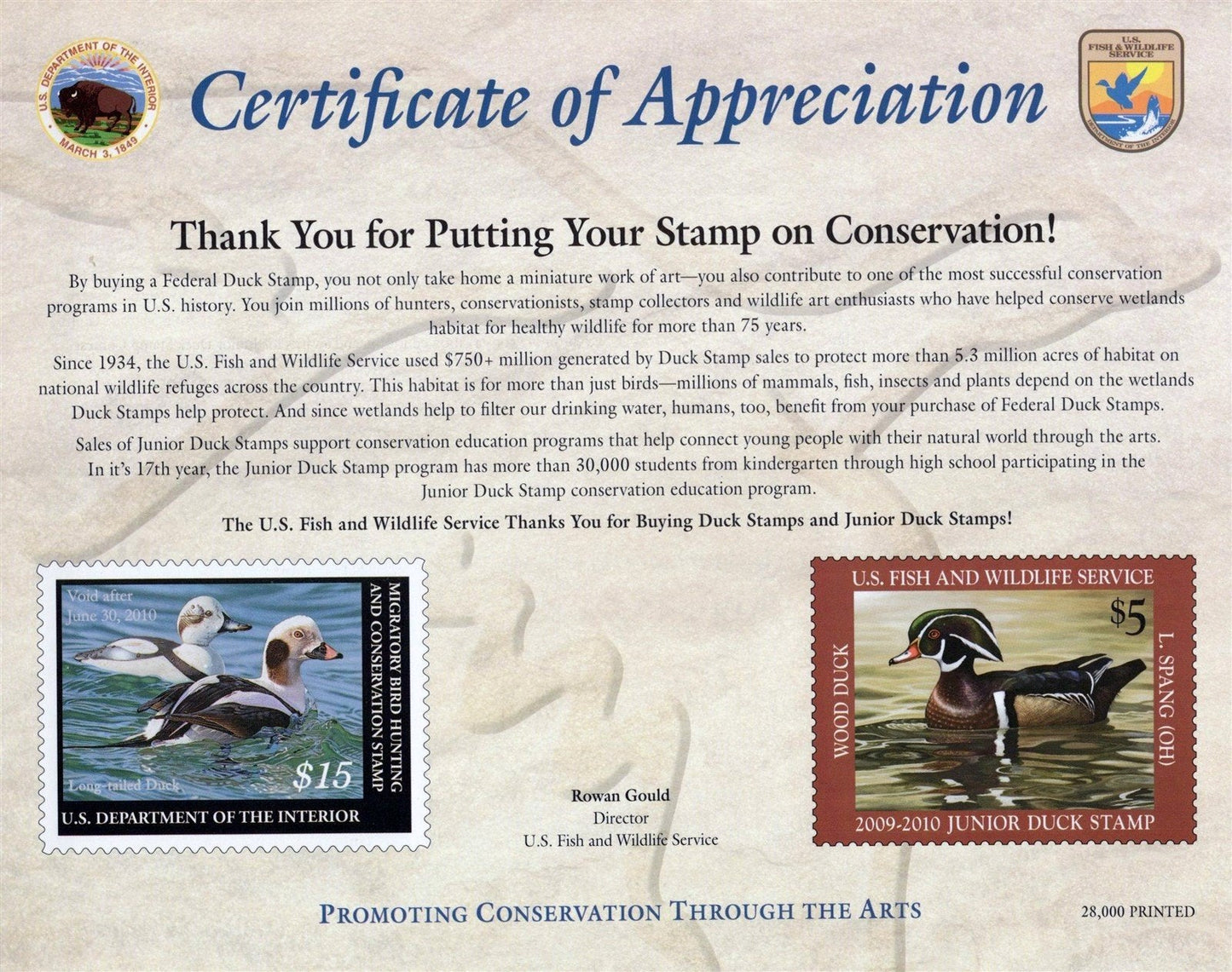 US Duck Stamp 2009 Certificate of Appreciation Card RW76 & JDS17 ZAYIX 0625L0058