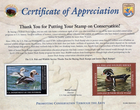US Duck Stamp 2009 Certificate of Appreciation Card RW76 & JDS17 ZAYIX 0625L0058