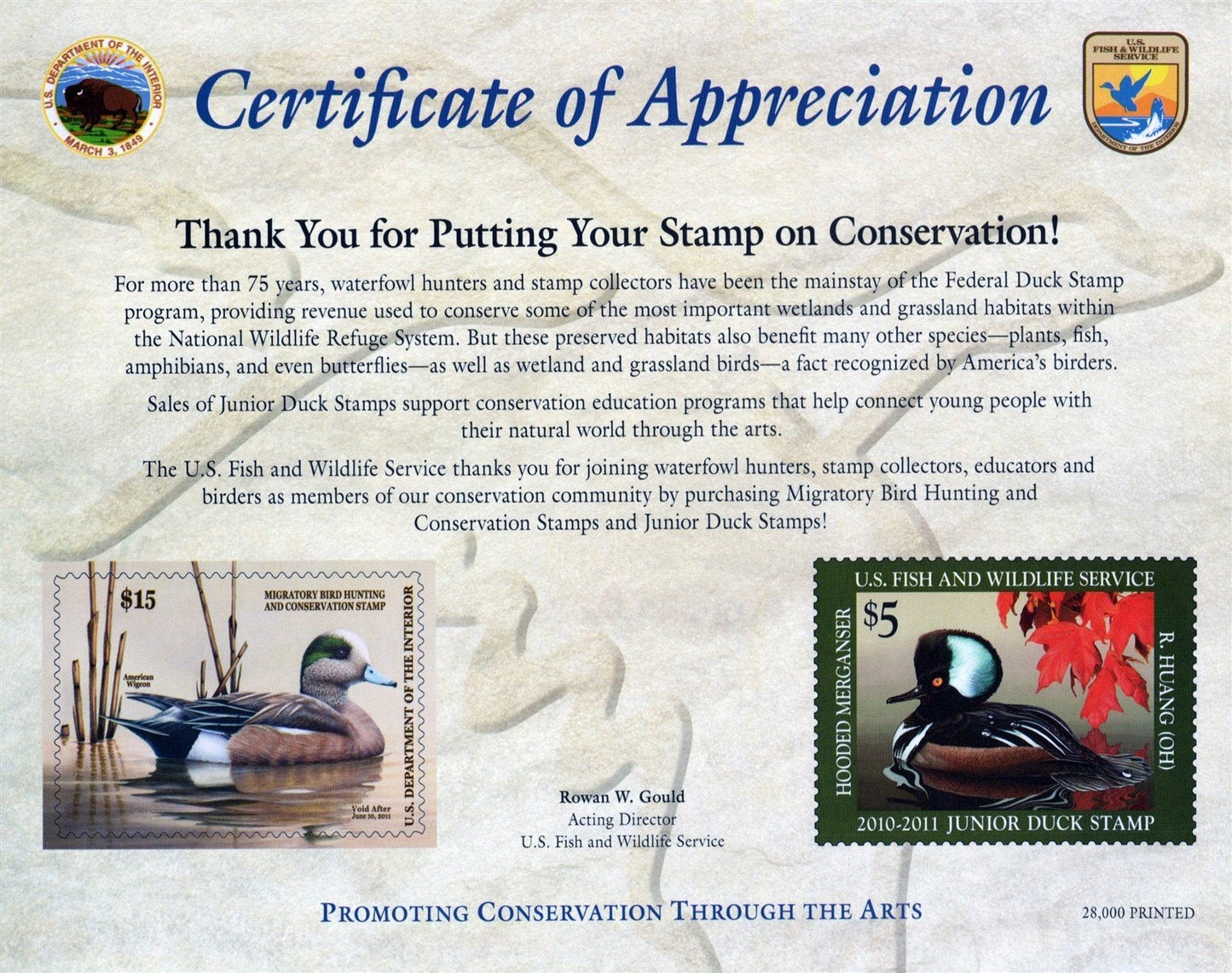 US Duck Stamp 2010 Certificate of Appreciation Card RW77 JDS18 ZAYIX 0625L0059M
