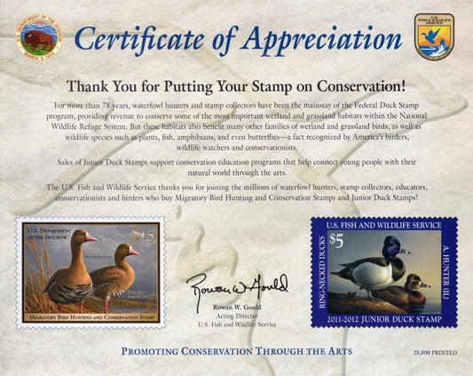 US Duck Stamp 2011 Certificate of Appreciation Card RW78 JDS19 ZAYIX 0625L0060