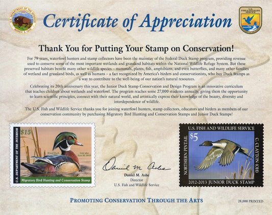 US Duck Stamp 2012 Certificate of Appreciation Card RW79 JDS20 ZAYIX 0625L0061M