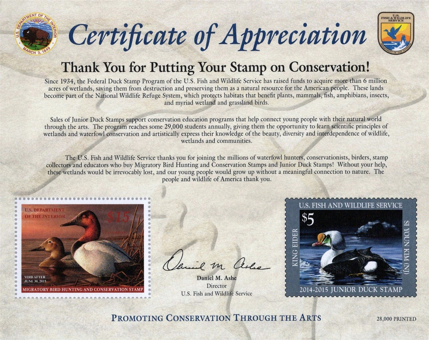 US Duck Stamp 2014 Certificate of Appreciation Card RW81 JDS22 ZAYIX 0625L0063