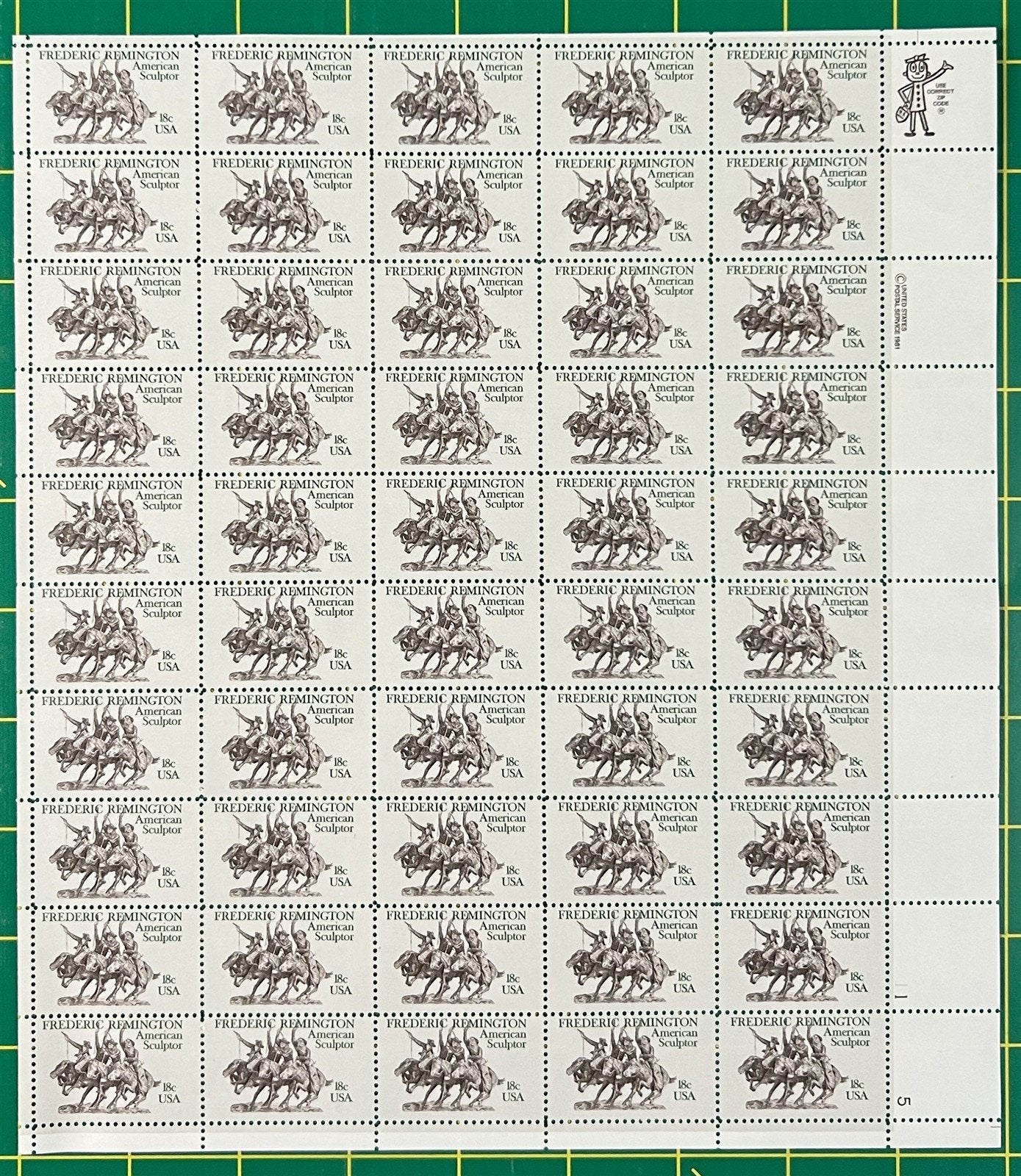 US 1934 MNH Sheet 20c Frederic Remington Sculptor ZAYIX STAMPS 0725L1257