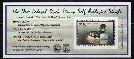 US RW65A MNH VF $15 self-adhesive Duck Revenue Zayix Stamps 0225MAR0085