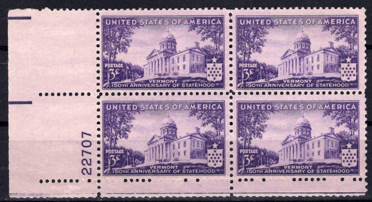 United States 903 MNH Plate Block Vermont Statehood ZAYIX STAMPS 0725S1468