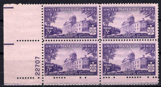 United States 903 MNH Plate Block Vermont Statehood ZAYIX STAMPS 0725S1468