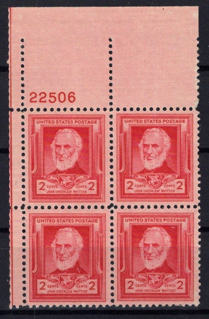 United States 865 MNH Plate Block John Greenleaf Whittier ZAYIX STAMPS 0725S1435