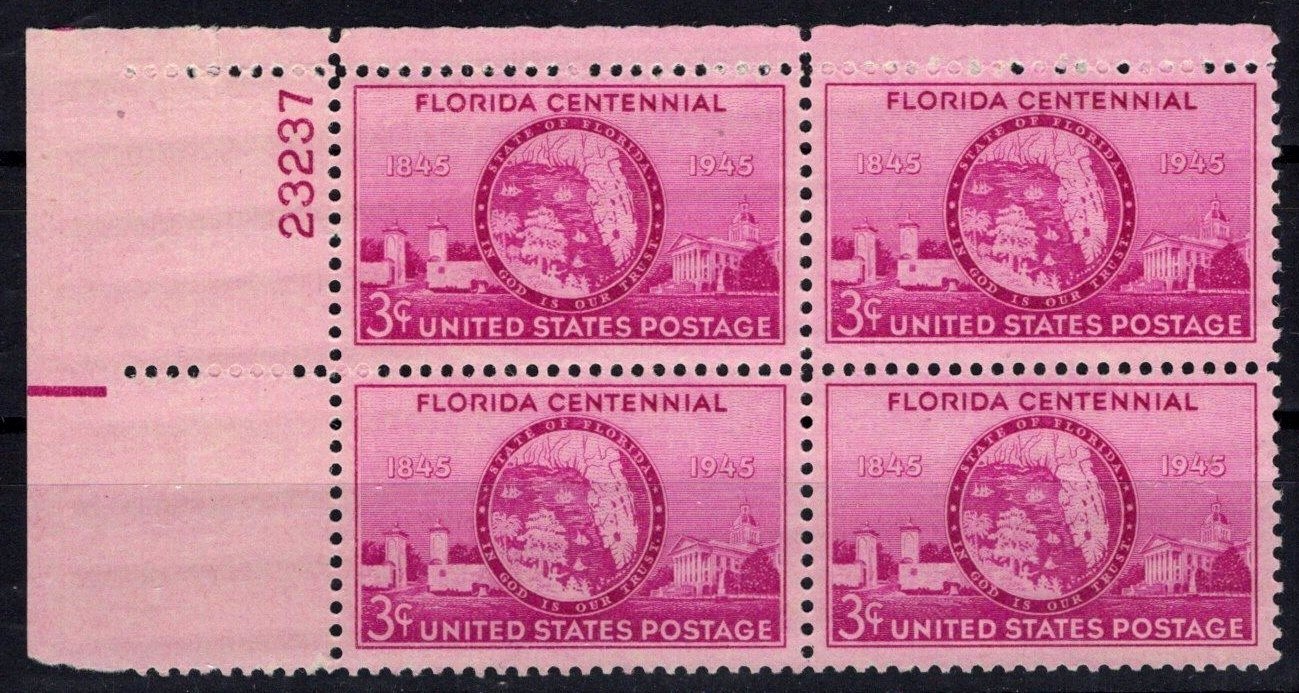 United States 927 MNH Plate Block Florida Statehood ZAYIX STAMPS 0725S1479