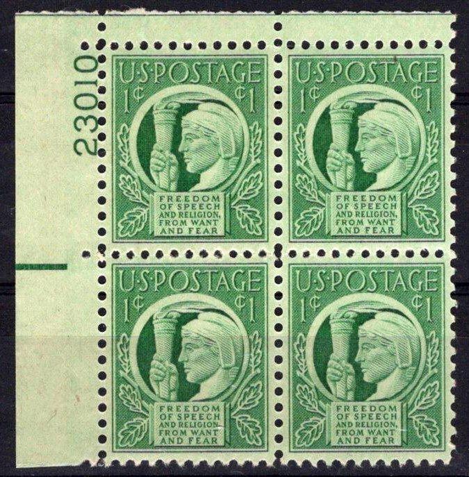 United States 908 MNH Plate Block Four Freedoms ZAYIX STAMPS 0725S1473