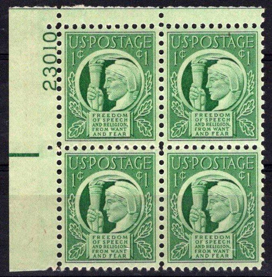 United States 908 MNH Plate Block Four Freedoms ZAYIX STAMPS 0725S1473