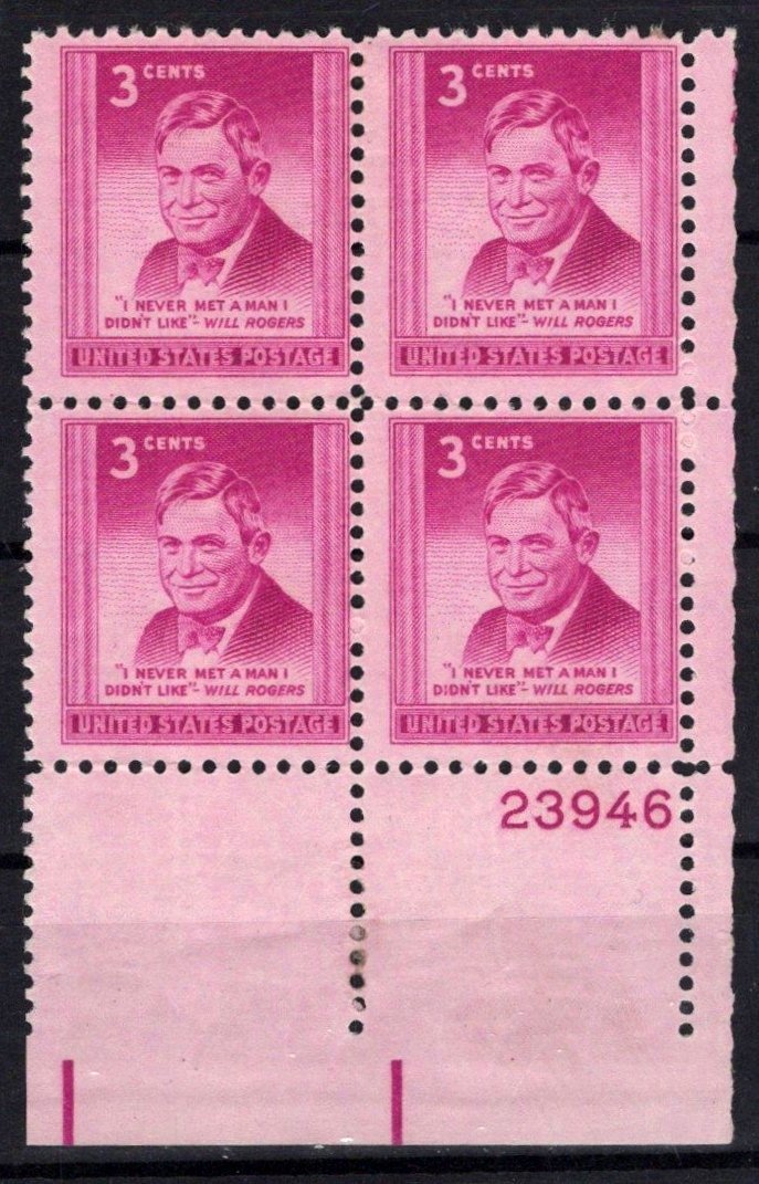 United States 975 MNH Plate Block Will Rogers ZAYIX STAMPS 0725S1526