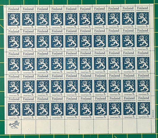 US 1334 MNH Sheet 5 Cent Finnish Independence 50th Anniv. ZAYIX 0825L1577