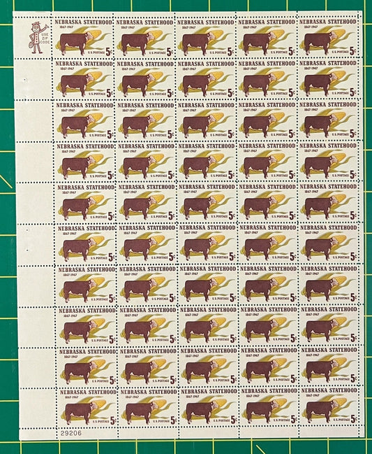 US 1328 MNH Sheet 5 Cent Nebraska Statehood ZAYIX 0825L1568