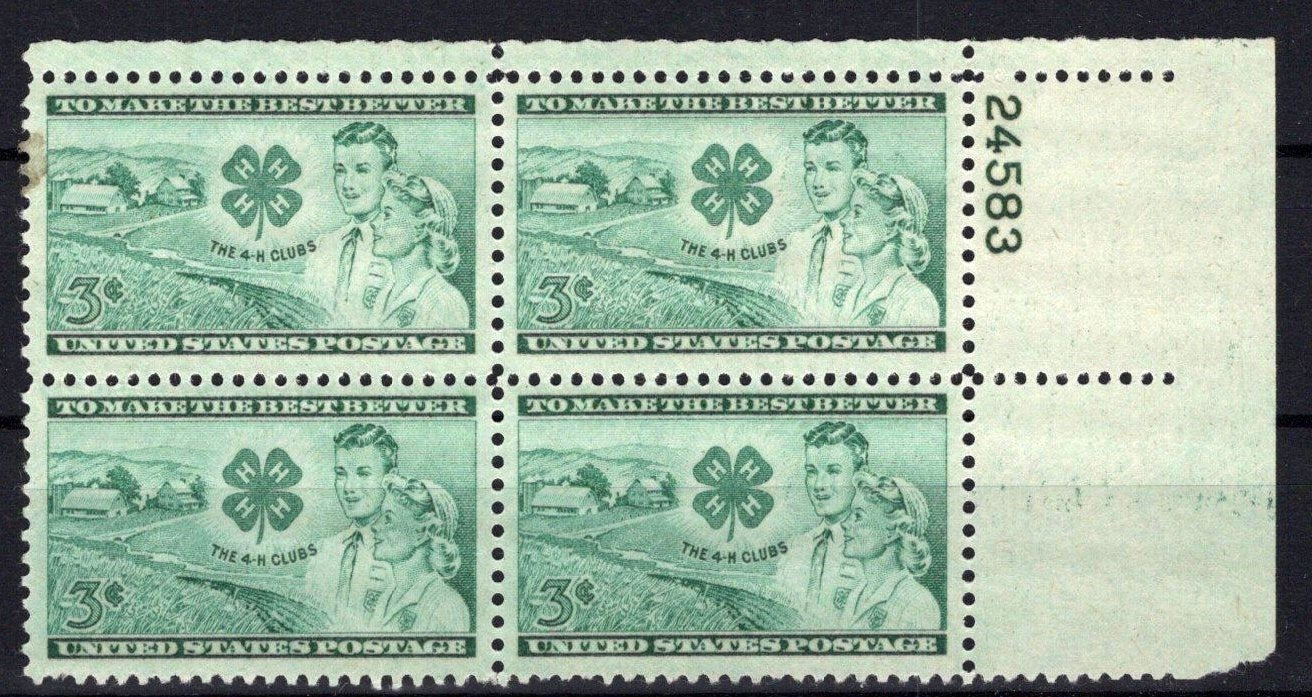 United States 1005 MNH Plate Block 4-H Club Farming ZAYIX STAMPS 0825S1629