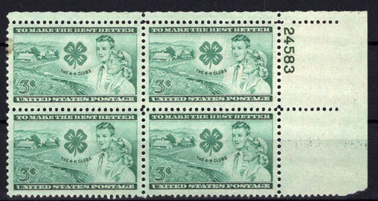 United States 1005 MNH Plate Block 4-H Club Farming ZAYIX STAMPS 0825S1629