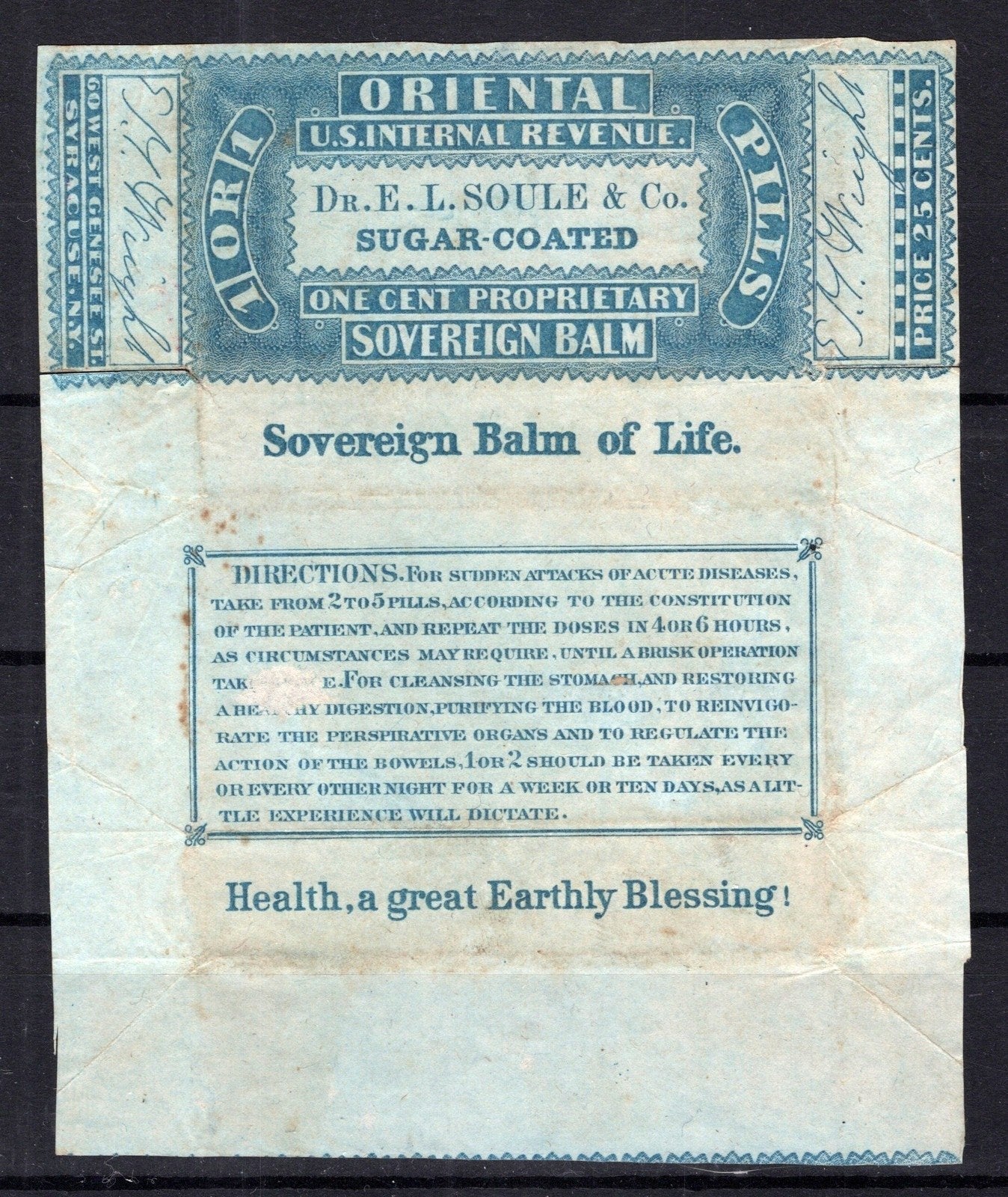 US RS227a VF 1c blue Oriental Sovereign Balm Syracuse Wrapper ZAYIX 0825SB1690