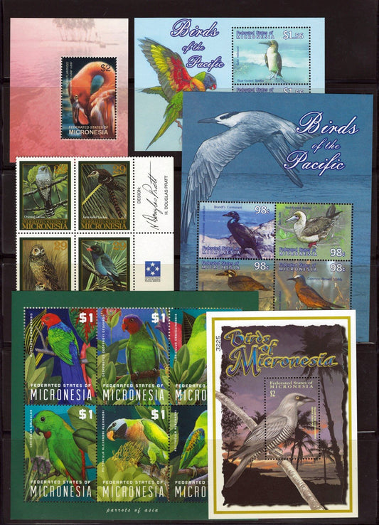 Birds MNH 5-Page Collection, Owls, Parrots, Peacocks Micronesia ZAYIX 0825L1711
