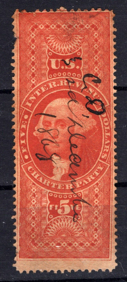 US R88d Used F $5 red Charter Party, silk paper, faults Revenue ZAYIX 0825SB1737