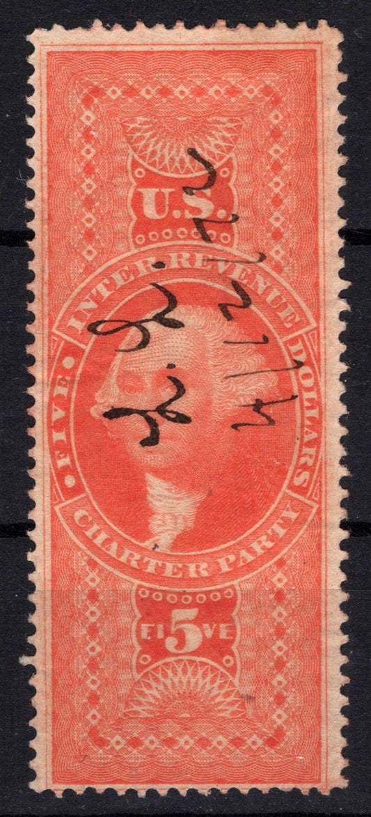 US R88d Used FVF $5 red Charter Party, silk paper, perf Revenue ZAYIX 0825SB1740