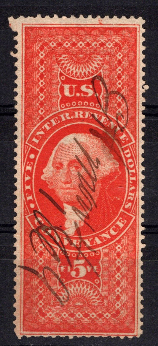 US R89d Used VF $5 red Conveyance, silk paper, perf Revenue ZAYIX 0825SB1741