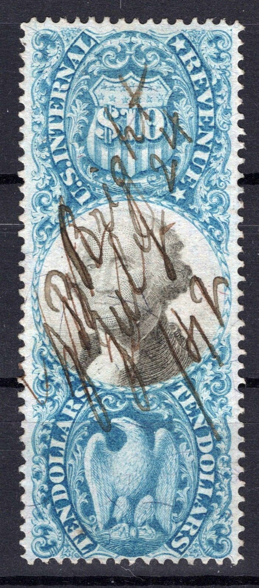 US R128 Used FVF $10 black & blue Documentary Revenue, thins ZAYIX 0825SB1747