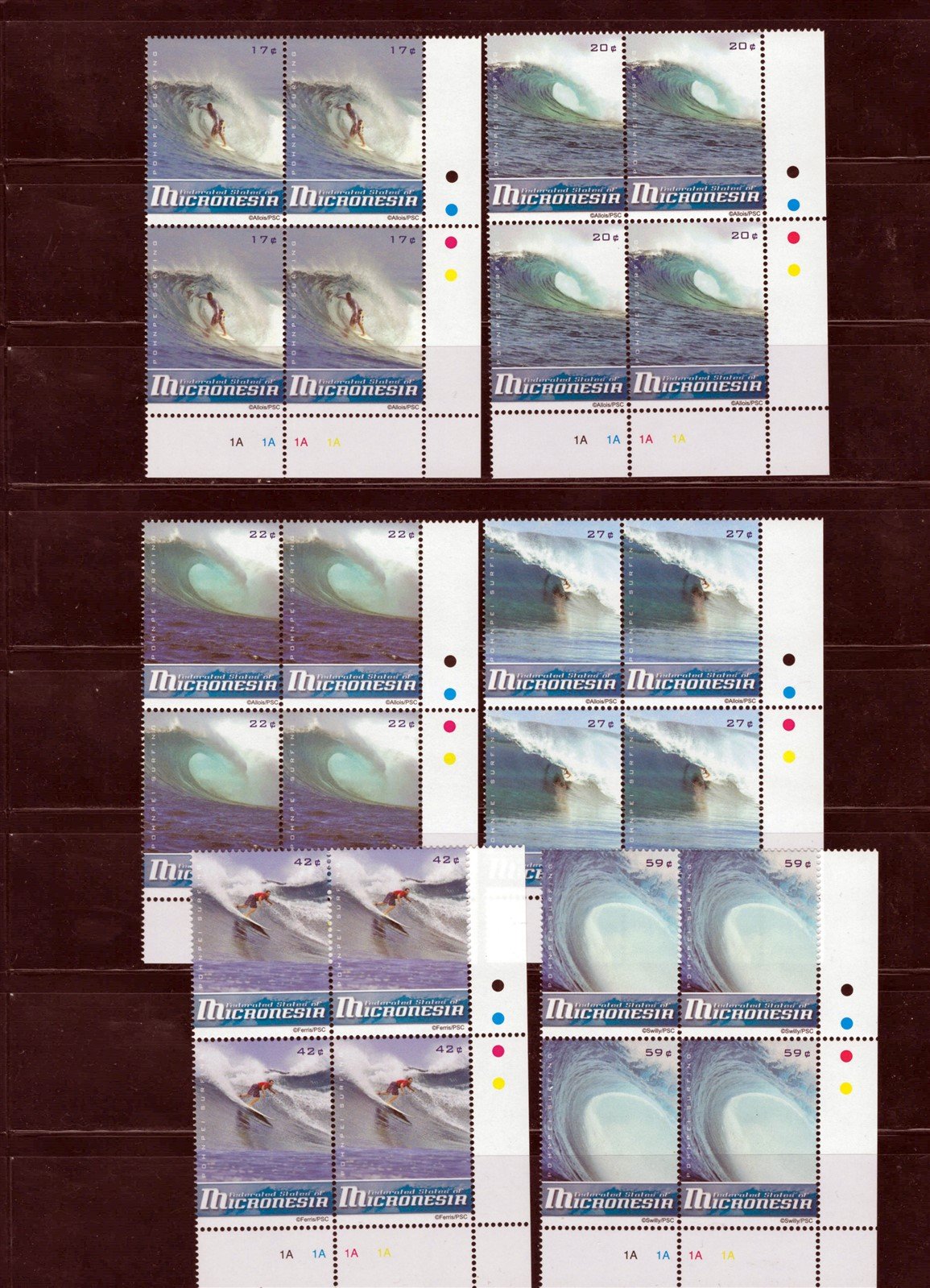 Micronesia 786-795, 799 MNH Surfing Definitives Plate Blocks ZAYIX 0825L1762