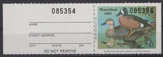 Missouri 5 with tab MNH VF State Hunting Permit Duck Revenue Zayix 0825SB1804