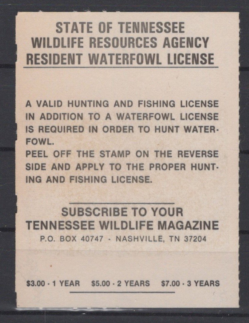 Tennessee 5 VF State Hunting Permit Duck Stamp Revenue Zayix 0825SB1807