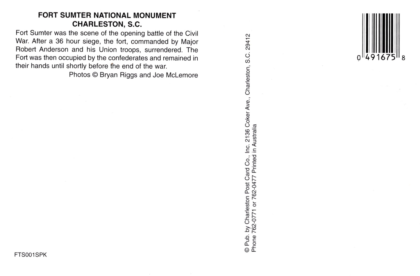 US FDC Maxi card Fort Sumter National Monument ZAYIX 0924M0310