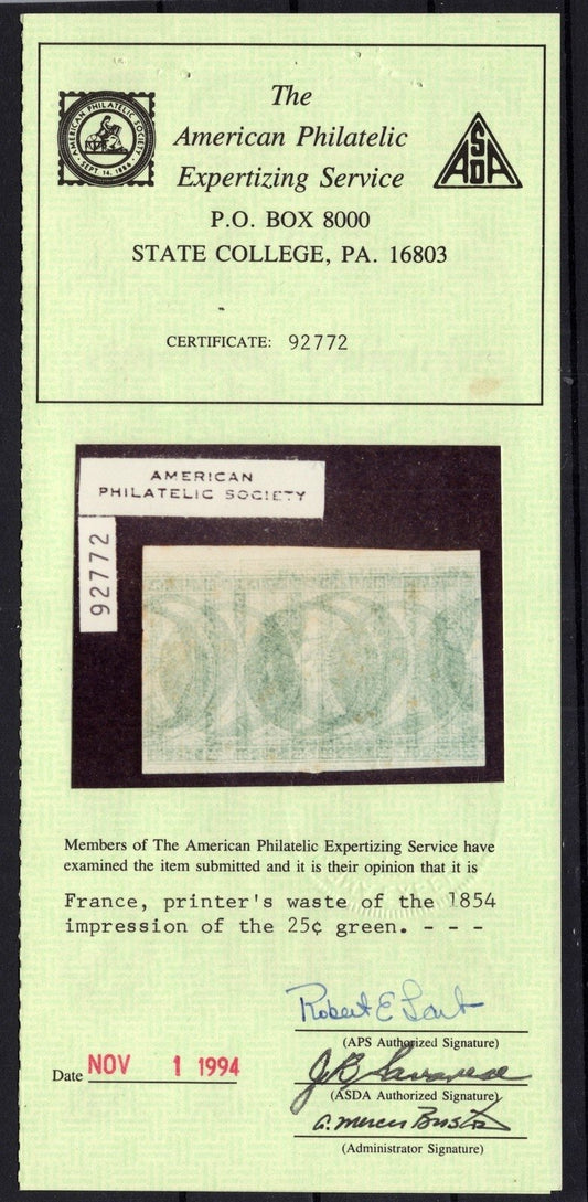France 17 Printer's Waste of 25c greenish with APS Certificate ZAYIX 0825SB3800