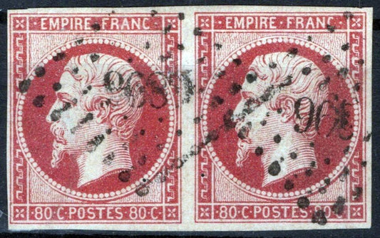 France 20 Used FVF Pair 80c carmine (Maury #17A) pinholes, thin ZAYIX 0825SB3900