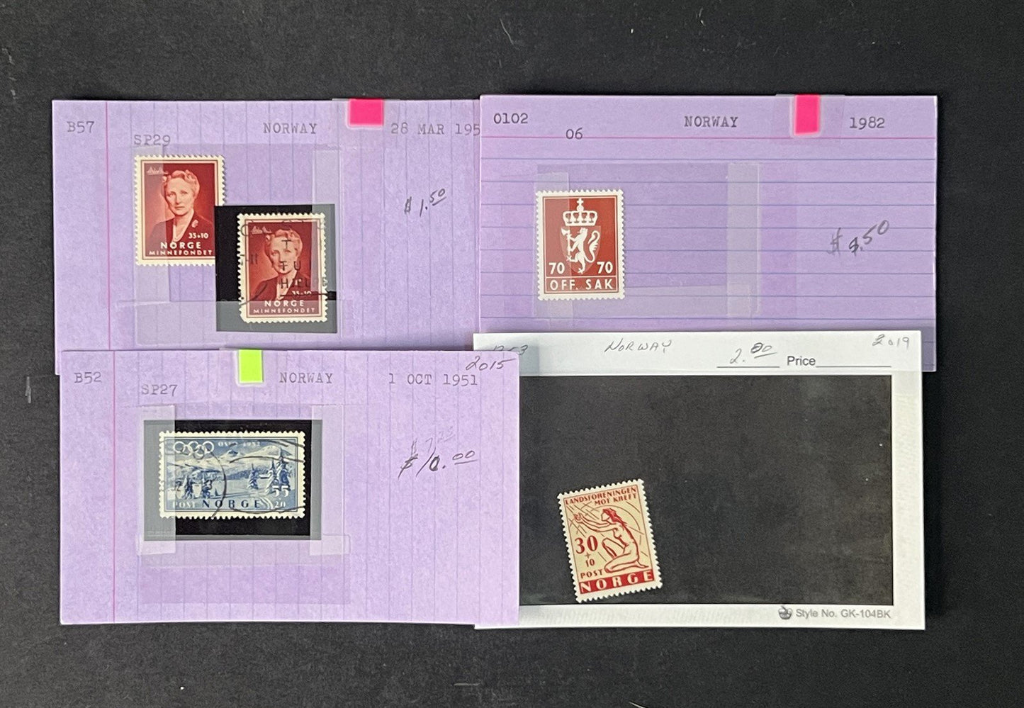 Norway Box Collection $1100 CV Dealer Cards identified by Scott# ZAYIX 0825G3890
