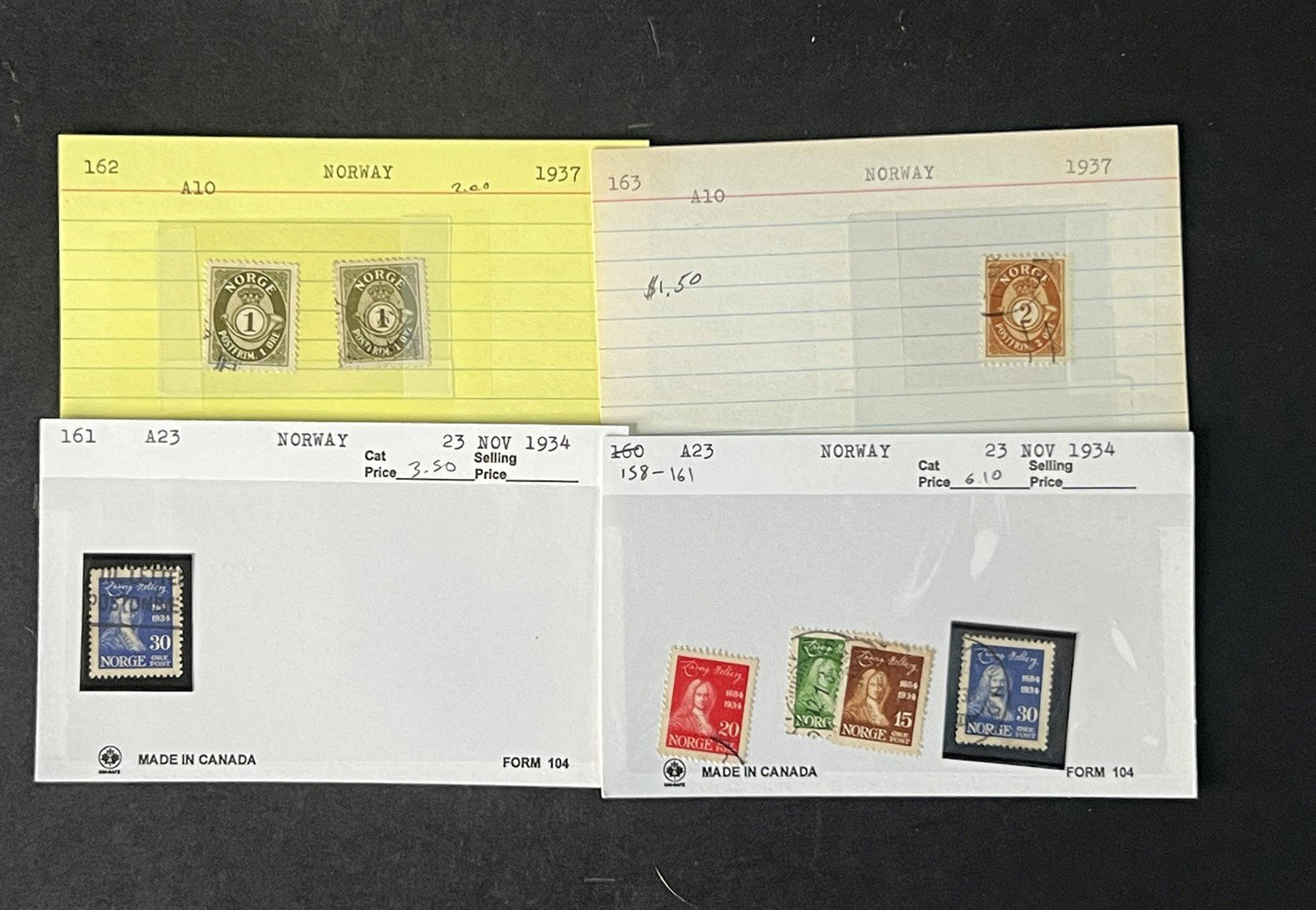 Norway Box Collection $1100 CV Dealer Cards identified by Scott# ZAYIX 0825G3890