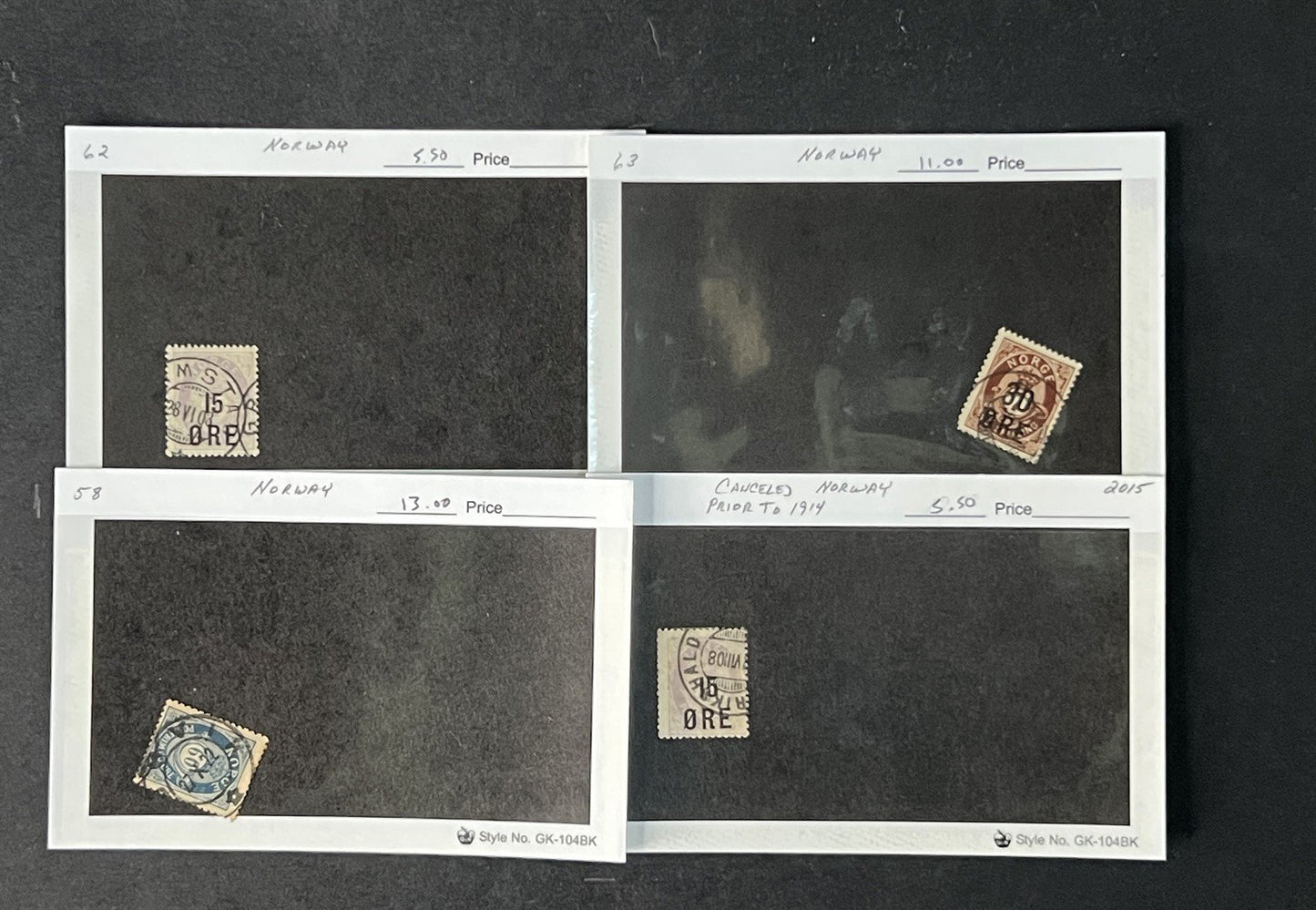 Norway Box Collection $1100 CV Dealer Cards identified by Scott# ZAYIX 0825G3890