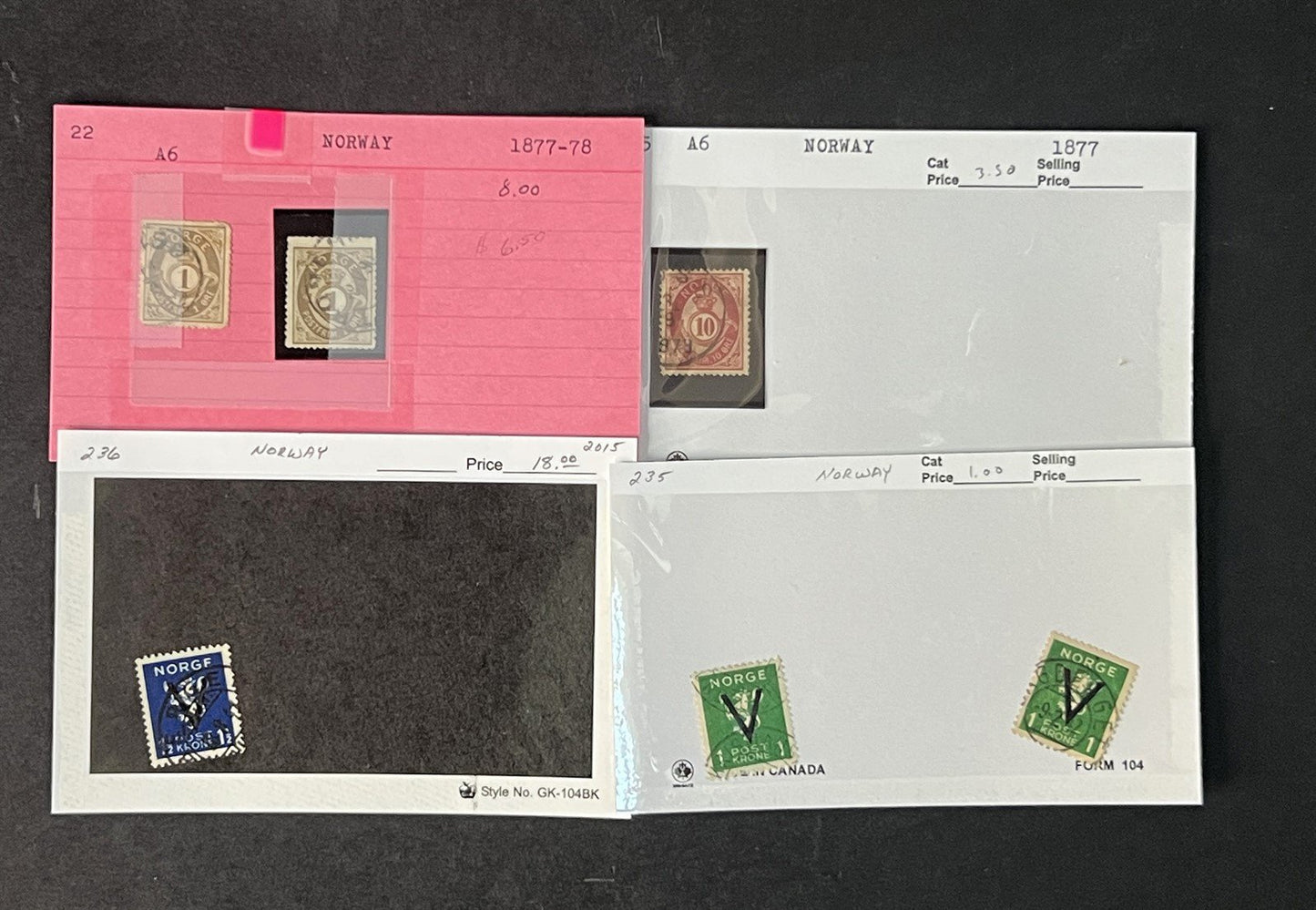 Norway Box Collection $1100 CV Dealer Cards identified by Scott# ZAYIX 0825G3890