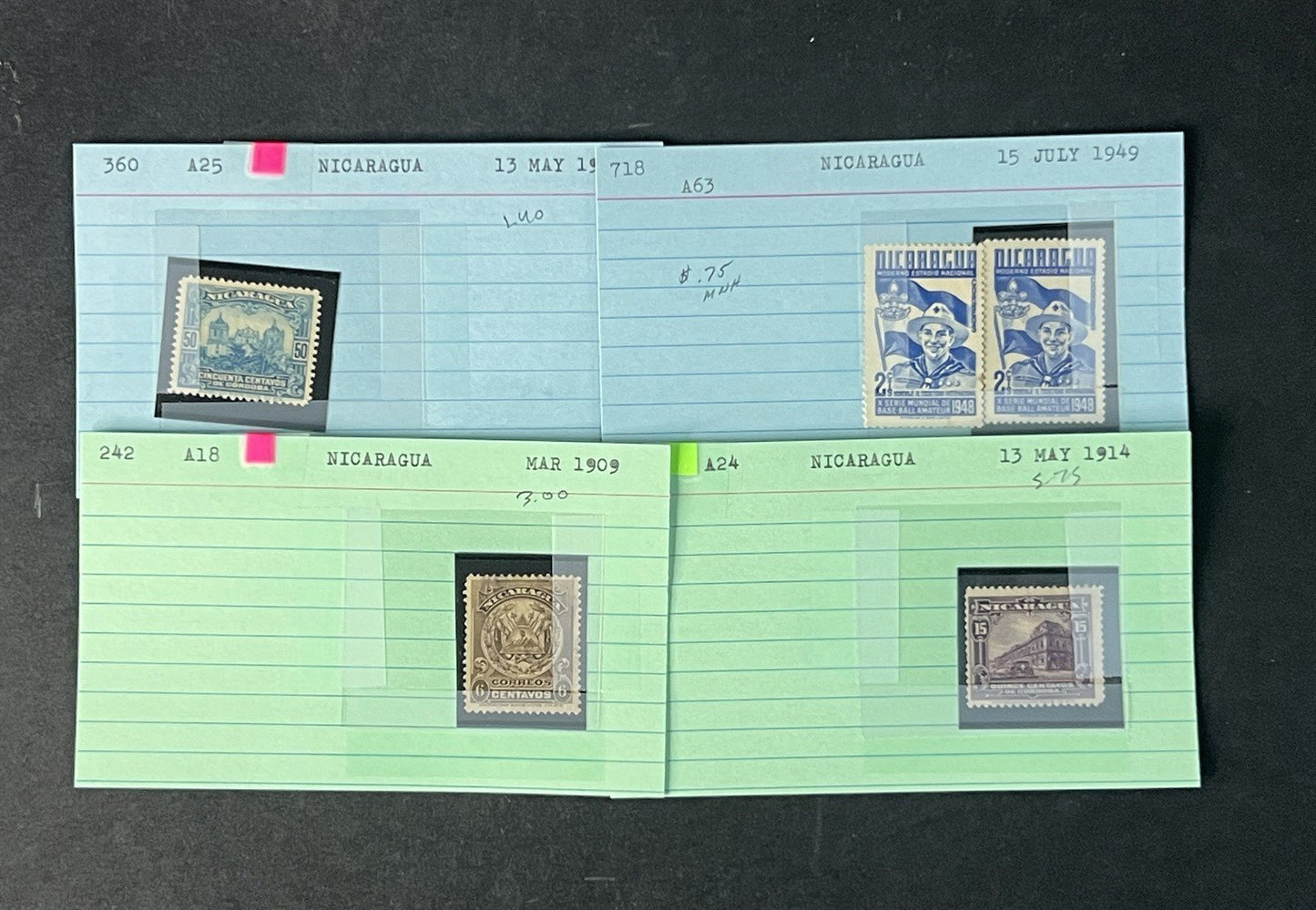 Nicaragua Box Collection $617 CV Dealer Cards Id'd by Scott# ZAYIX 0825G3891