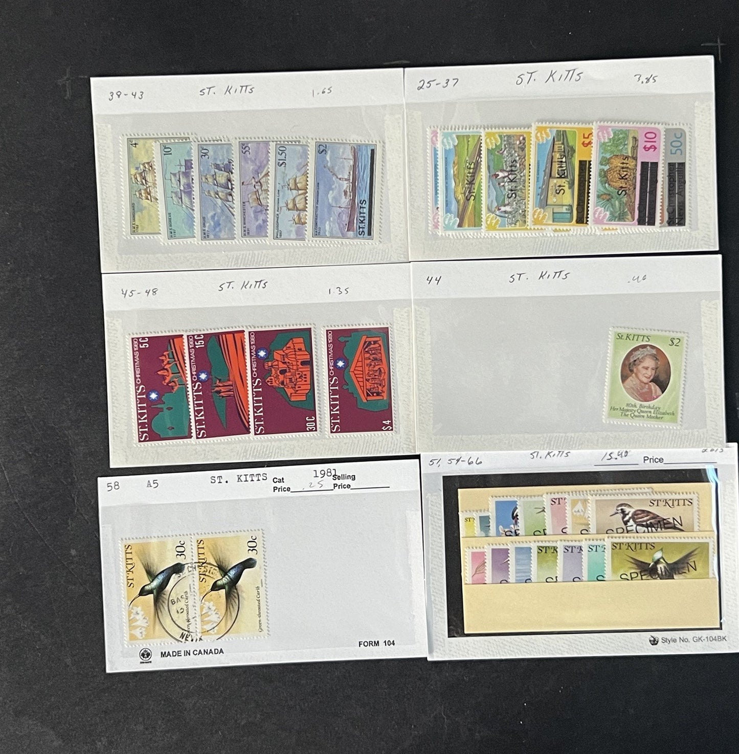 St. Kitts Stamp Collection on Dealer Cards $84 Catalog Value ZAYIX 0825CB14516