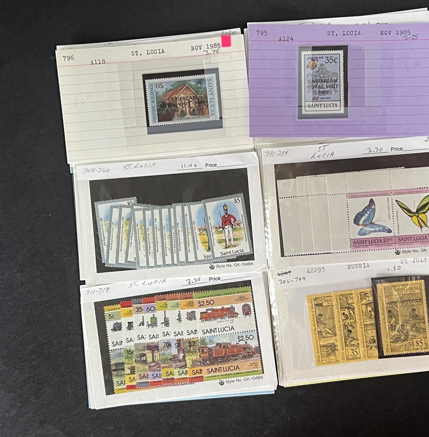 St. Lucia Stamp Collection on Dealer Cards $327 Catalog Value ZAYIX 0825CB14518