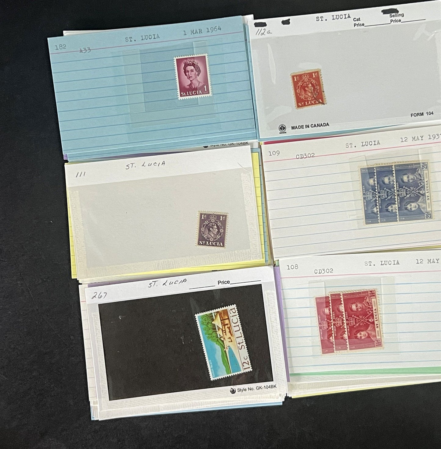 St. Lucia Stamp Collection on Dealer Cards $327 Catalog Value ZAYIX 0825CB14518